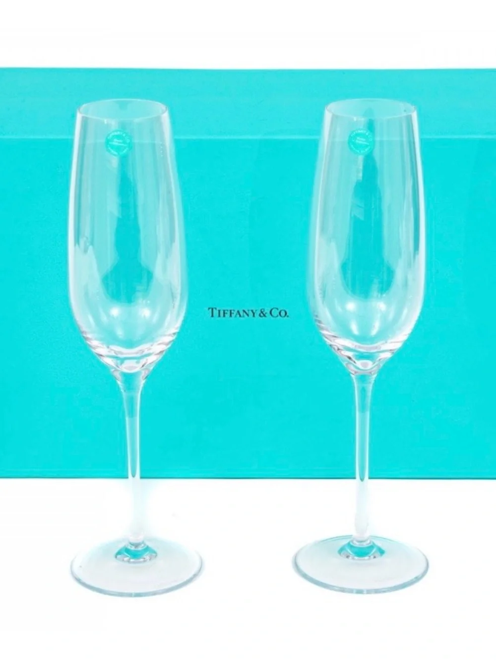 Tiffany & Co. Clear Crystal Champagne Flutes with Signature Blue Box